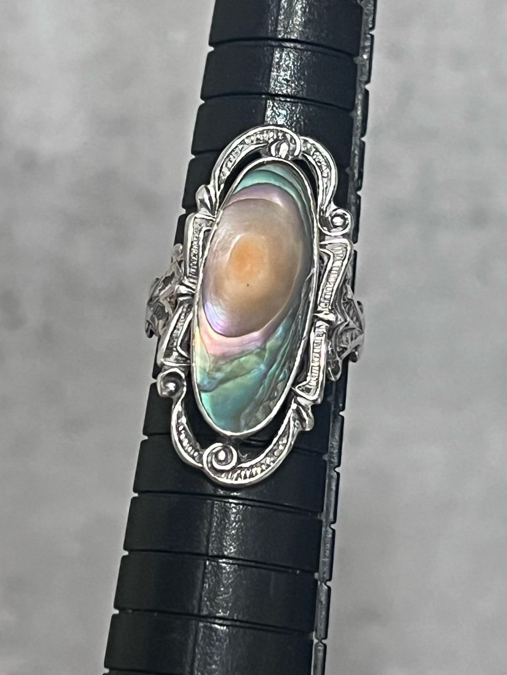 Vintage art deco oval abalone blister pearl ornate filigree ring sz 5.5